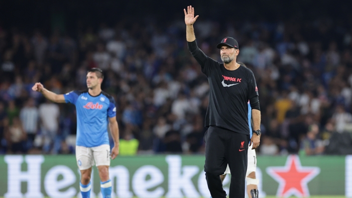 Jurgen Klopp salutes the Liverpool fans after a defeat at Napoli