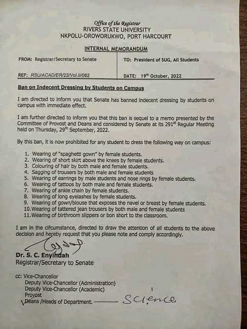 Memo by Rivers State University (RSU) banning all forms of 'indecent dressing' by students on its campus with immediate effect.