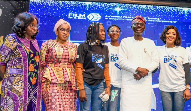 Gov. Babajide Sanwo-Olu of Lagos State (second right); founder, Africa Movie Academy Awards (AMMA) and CEO, African Film Academy, Ms Peace Anyaim-Osigwe (left) and Commissioner for Tourism, Arts and Culture, Mrs Uzamat Akinbile-Yusuf (second left) with some graduates of the African Film Academy during the graduation ceremony, at the Lagos Theatre, Igando, on Tuesday, Oct. 25, 2022