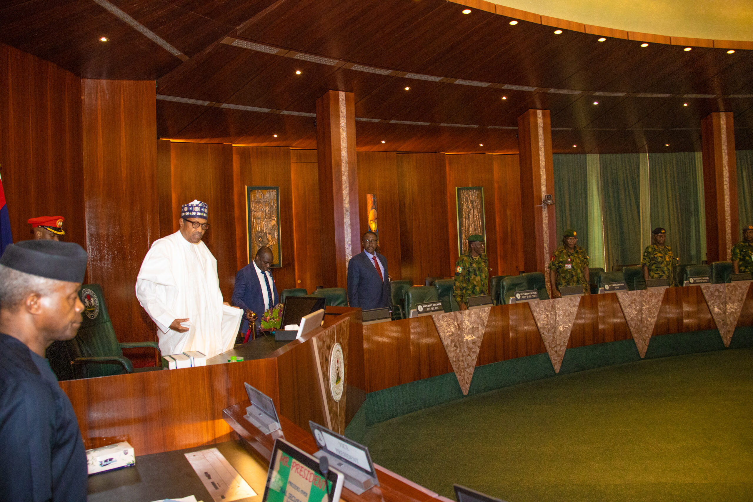 PRESIDENT BUHARI PRESIDES OVER AN EMERGENCY SECURITY MEETING.