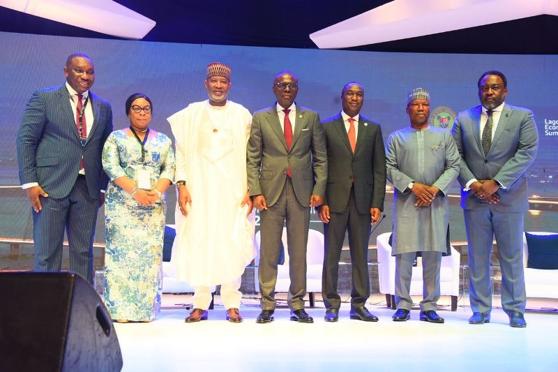 L-R: Sam Egube, commissioner for economic planning and budget, Lagos State; Nike Aboderin, director, finance and account, Federal Airports Authority of Nigeria (FAAN); Hadi Sirika, minister of aviation; Babajide Sanwo-Olu, governor, Lagos State, his deputy Obafemi Hamzat; Rabiu Yadudu, managing director, FAAN, and Ope George, director general, Public Private Partnership, Lagos State Government, during the opening ceremony of Ehingbeti Lagos Economic Summit 2022 in Lagos.