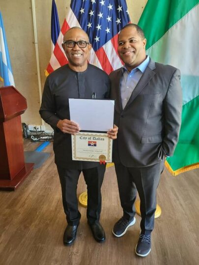 Mayor of Dallas, Eric Johnson and Peter Obi after he conferred honorary citizenship of the city on the LP presidential candidate