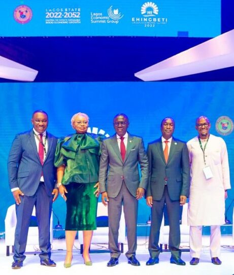 L-R: Commissioner for Economic Planning and Budget, Mr Sam Egube; Advisory Partner, PWC Nigeria & Co-Chair of Lagos Economic Summit, Ehingbeti 2022, Mrs Mary Iwelumo; Lagos State Governor, Mr Babajide Sanwo-Olu; his deputy, Dr. Obafemi Hamzat and Chairman, House Committee on Budget and Planning, Mr Gbolahan Yishawu, during the opening ceremony of 2022 Ehingbeti Summit themed: “Lagos 2022–2052: Charting The Paths To Sustainable Development – The 30 Year Plan” at Eko Hotels and Suites, Victoria Island, on Tuesday, Oct. 11, 2022.