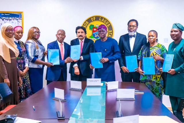 L-R: Partner, Banwo & Ighodalo (B&I), Azeezah Muse-Sadiq; Head Communication and Corporate Affairs, Tropical General Investments (TGI) Group, Rafiat Gawat; Company Secretary (TGI) Group, Omowumi Fajemiroye; Group Executive Director, (TGI) Group, Jerome Shogbon; Group Managing Director (TGI) Group, Rahul Savara; Lagos State Governor, Mr. Babajide Sanwo-Olu; Lagos State Attorney-General and Commissioner for Justice, Mr. Moyo Onigbanjo (SAN); Commissioner for Agriculture, Ms Abisola Olusanya and Special Adviser to the Governor on Rice Initiative, Dr. Oluwarotimi Fashola, during the signing of a Memorandum of Understanding (MoU) with WACOT Rice Limited, a subsidiary of (TGI) Group, to provide technical support and training transfer for the Imota Rice Mill at Lagos House, Ikeja, on Wednesday