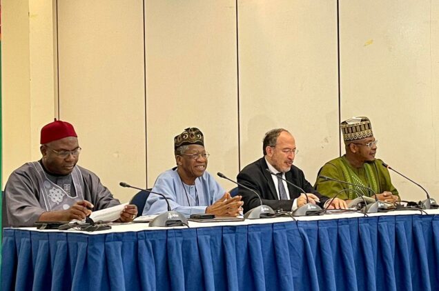 Minister of State for Education, Mr. Goodluck Opiah; Minister of Information and Culture, Alhaji Lai Mohammed; Assistant Director General, Communication and Information of UNESCO, Dr. Tawfik Jelassi and the Minister of Communication and Digital Economy, Dr. Ali Ibrahim Pantami, during a Ministerial Panel at the ongoing UNESCO Global Media and Information Literacy Week in Abuja on Tuesday.