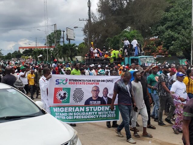 Supporters of 2023 presidential candidate of Labour Party, Peter Obi in Edo stage rally in Benin city, Edo State on Independence Day