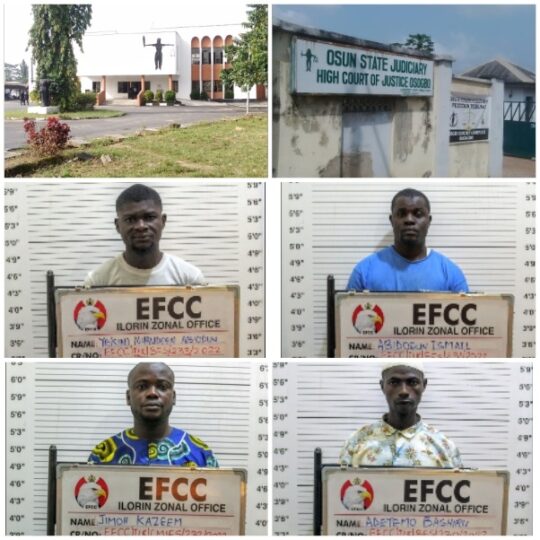 Four suspects – Adeyemo Bahiru Abiodun, Abidogun Ismail, Jimoh Kazeem and Yekini Nurudeen Abiodun: arraigned on Monday at the State High Court, Osogbo by EFCC for allegedly bribing voters to vote for Governor Gboyega Oyetola during the 16 July 2022 Osun governorship election.