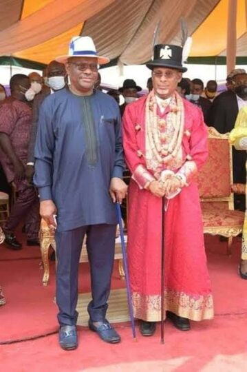 Governor Nyesom Wike and Sir Celestine Omehia at a cultural event.