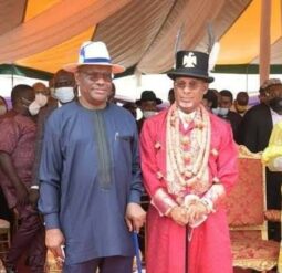 Governor Nyesom Wike and Sir Celestine Omehia at a cultural event.