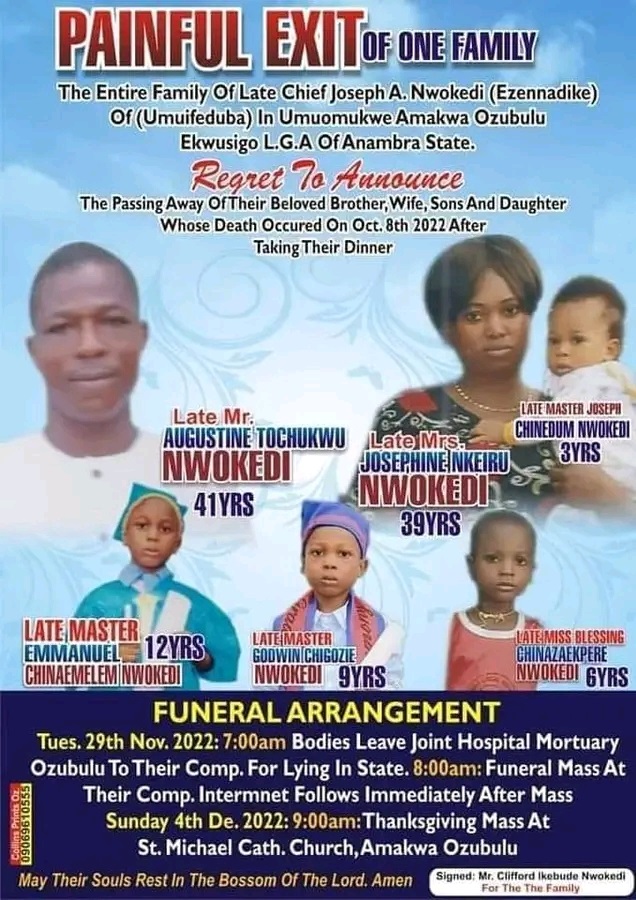 Preparations are in top gear for the burial of the entire family that died after eating a meal at a community Ozobulu in Anambra, State.