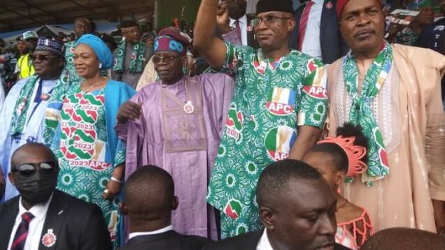 Senator Remi Tinubu, APC presidential candidate, Bola Tinubu and Delta APC governorship candidate, Ovie Omo- Agege at the launch of the party’s campaign in Warri