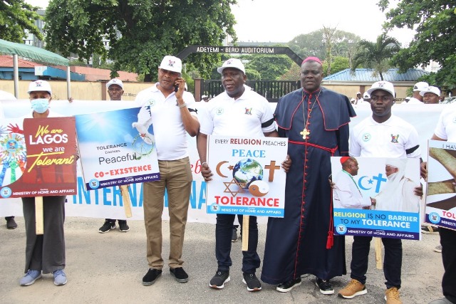 3rd Left; the Special Adviser to the Lagos State Governor on Islamic Religion, Alh. Abdulahi Jebe; Commissioner for Home Affairs, Prince Anofiu Elegushi; Chairman , Christian Association of Nigeria, Lagos State Chapter, Bishop Stephen Adegbite and the Special Adviser on Christian Religion, Revd Bukola Adeleke during the Walk for Tolerance to commemorate the 2022 international Day for Tolerance held today at Alausa, Ikeja.