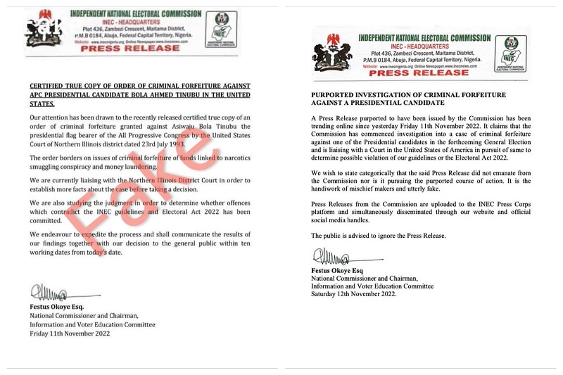 The fake press release and INEC's statement disowning it
