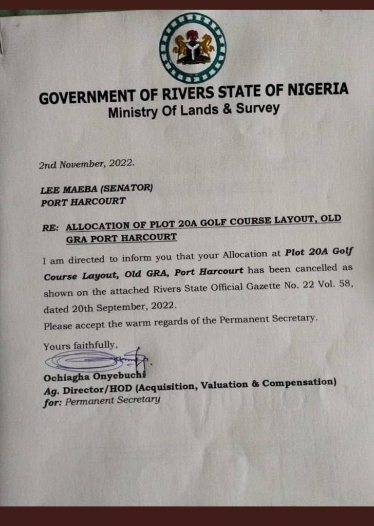 Letter revoking land allocated to Senator Lee Maeba, Chairman of Atiku Campaign Council, Rivers State, located at the Golf Course axis of GRA in Port Harcourt. 