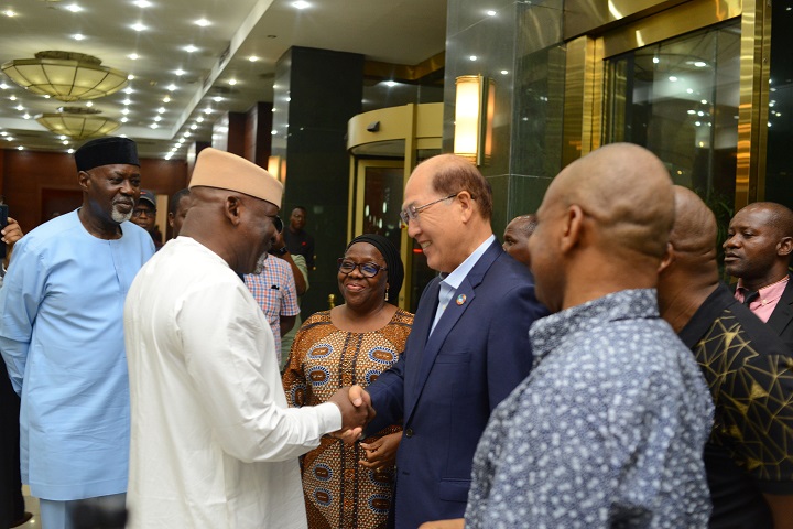 L-R: Director General, Nigerian Maritime Administration and Safety Agency (NIMASA), Dr. Bashir Jamoh; Secretary General of the International Maritime Organisation, IMO, His Excellency Kitack Lim; and Honourable Minister of Transportation, Engr. Mu’azu Jaji Sambo at the Meet and Greet reception in honour Kitack Lim during his first time arrival in Nigeria, held at the Oriental Hotels, Lagos.  