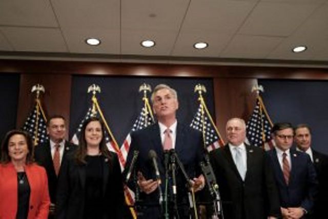 House Republican Leader Kevin McCarthy (R-CA) speaks to reporters after McCarthy was nominated by fellow Republicans to be their leader or the Speaker of the House if they take control in the next Congress, following House Republican leadership elections at the U.S. Capitol in Washington, U.S., Nov. 15, 2022. REUTERS/Michael A. McCoy.