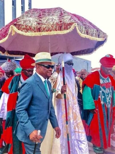 His Highness, Emir of Kano, Alhaji Aminu Ado Bayero and  Rivers State governor, Nyesom Ezenwo Wike, at the inauguration of the Dr. Peter Odili Cancer Cardiovascular Diagnostic and Treatment Centre in Rumuokuta, Rivers State on Monday