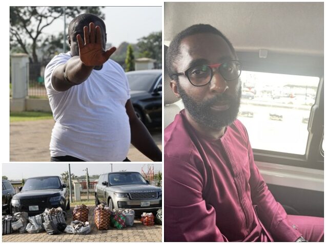 From top right: Abdulmalik Femi .Yusuf Atumeyi  and sacks of Cash and vehicles recovered from the suspects by EFCC