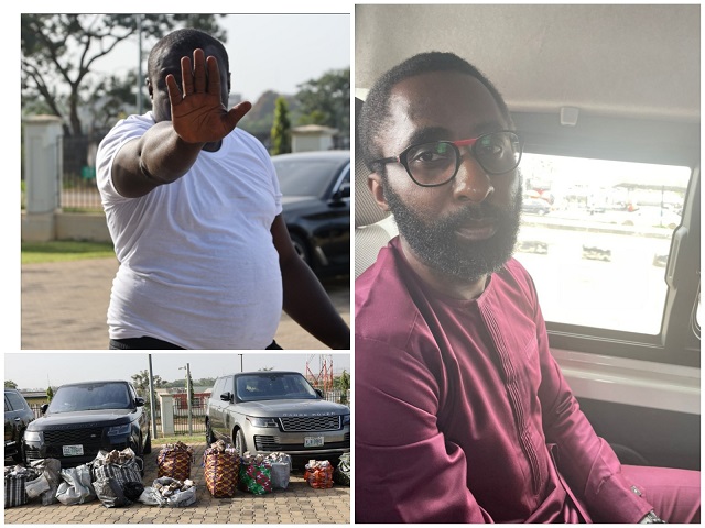 From top right: Abdulmalik Femi .Yusuf Atumeyi and sacks of Cash and vehicles recovered from the suspects by EFCC