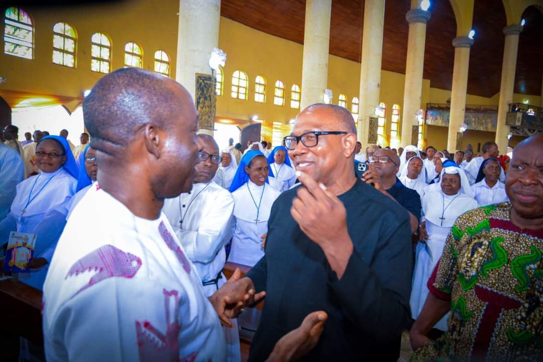 Obi and Soludo exchange pleasantries after meeting in Awka, Anambra State.