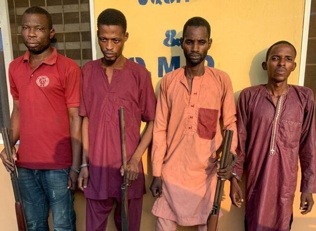 Four members of a notorious gang identified as Ismaila Ibrahim, Musa Muhammed, Irekura Abu and Okanlawon Muhammed allegedly responsible for series of kidnap cases at Soyooye and Ibara Orile area of Abeokuta, the capital of Ogun State: Arrested by police