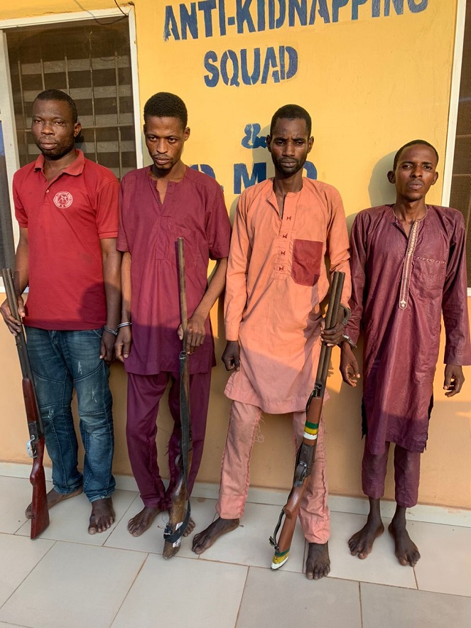 Four members of a notorious gang identified as Ismaila Ibrahim, Musa Muhammed, Irekura Abu and Okanlawon Muhammed allegedly responsible for series of kidnap cases at Soyooye and Ibara Orile area of Abeokuta, the capital of Ogun State: Arrested by police 