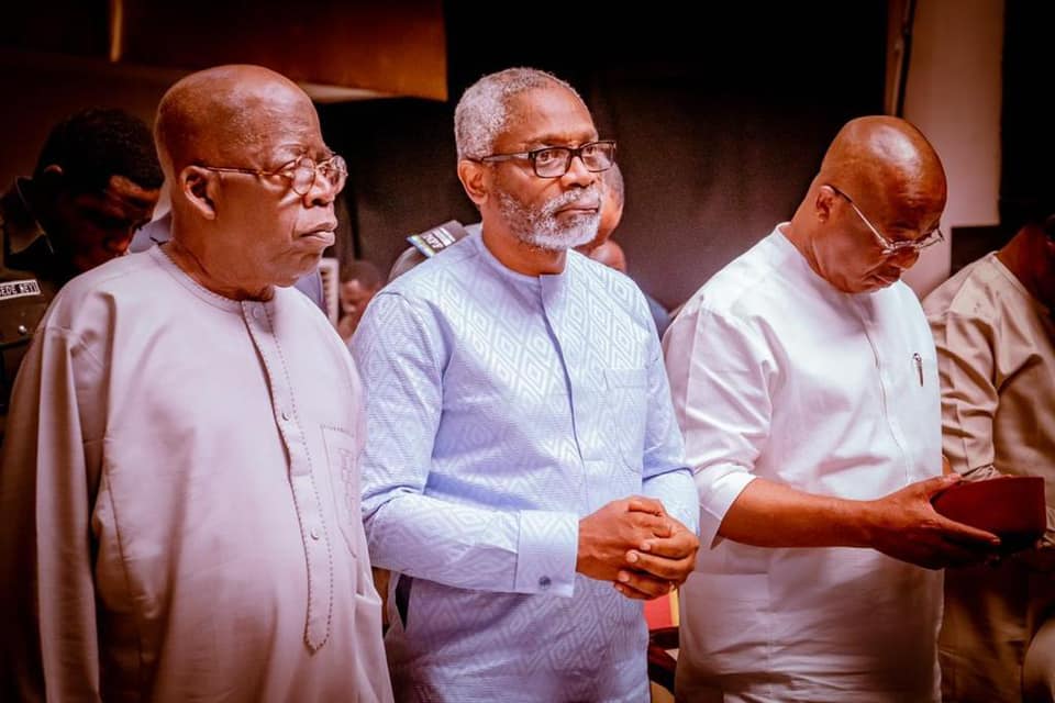 The APC's presidential candidate with Femi Gbajabiamila and Hope Uzodimma at the event