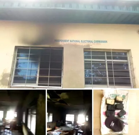 The burnt INEC office in Ede South, Osun State