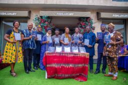 Professor Peju Layiwola(middle) with family and friends at the unveiling of her book, Indigo Reimagined in Lagos