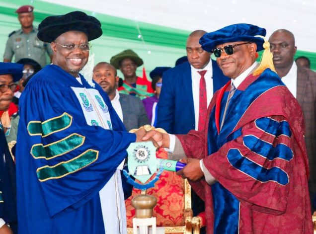 Rivers State governor, Nyesom Ezenwo Wike (right) and the Chancellor, Rivers State University (RSU), Justice Sidi Bage Muhammad 1 (left) at the conferment of the Doctor of Laws (LL.D) Honoris Causa on governor Wike during the 34th convocation of RSU on Saturday.