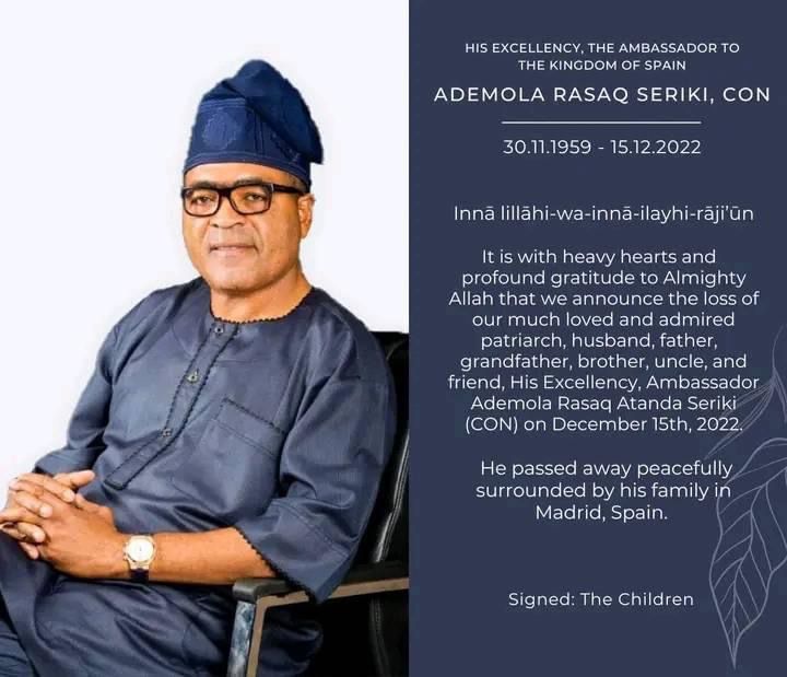 Statement announcing death of Demola Seriki