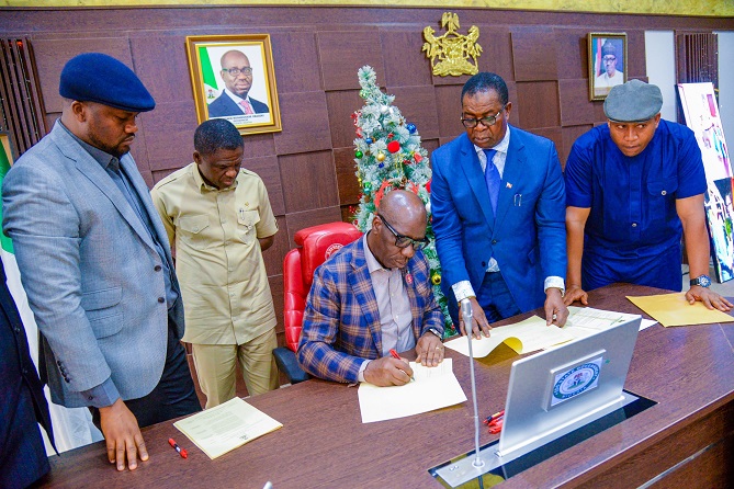 PHOTO CAPTION L-R: Speaker, Edo State House of Assembly, Marcus Onobun; Edo State Deputy Governor, Philip Shaibu; Governor Godwin Obaseki; Clark of the Assembly, Alhaji Yahaya Omogbai, and Deputy Speaker, Hon. Roland Asoro
