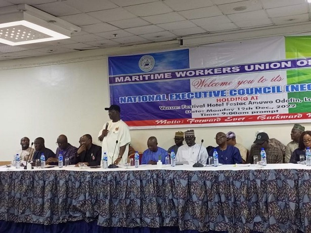 The President General of MWUN, Comrade Adeyanju (standing) while giving his welcome address at the NEC meeting