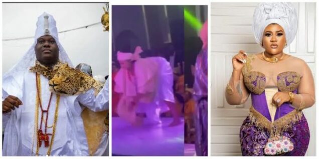 Nkechi Blessing can be seen dancing and shaking her voluptuous backside for the Ooni of Ife at his palace