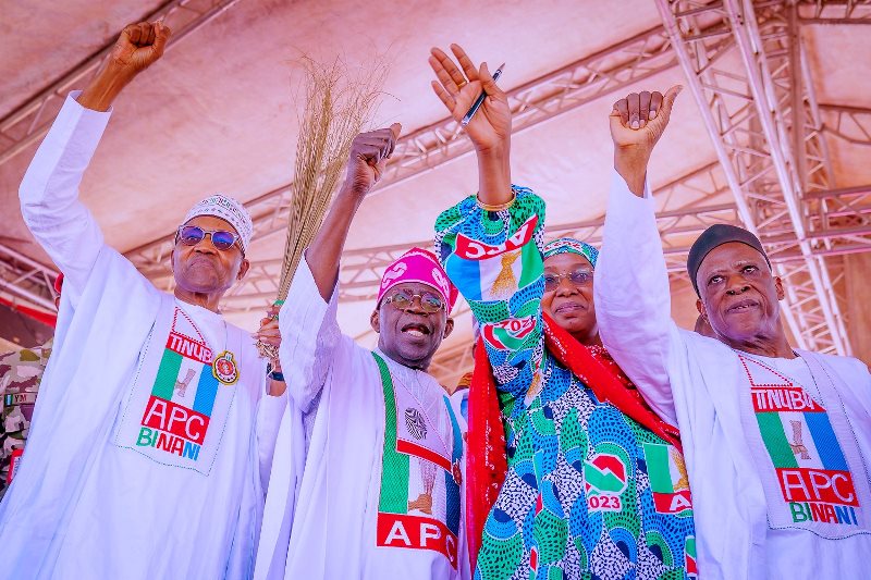The president with Tinubu, Binani and others during the rally in Adamawa