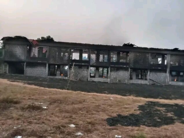 One of the buildings in Ihiala LGA of Anambra State razed in the attack by the gunmen