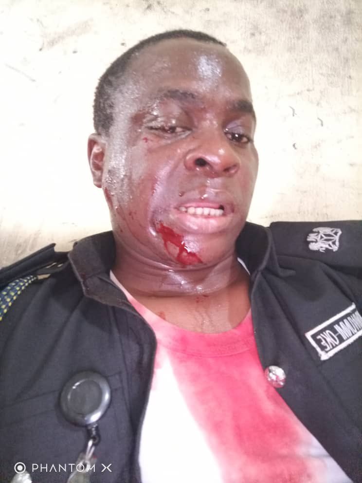 A policeman shot during the mayhem