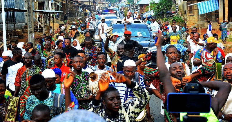 The former governor leading a procession in Osun after he was declared winner of the election.