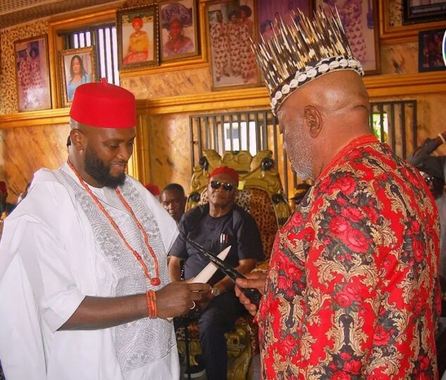Deputy Speaker of Imo Assembly, Amarachi Iwuanyanwu being conferred with  chieftaincy title