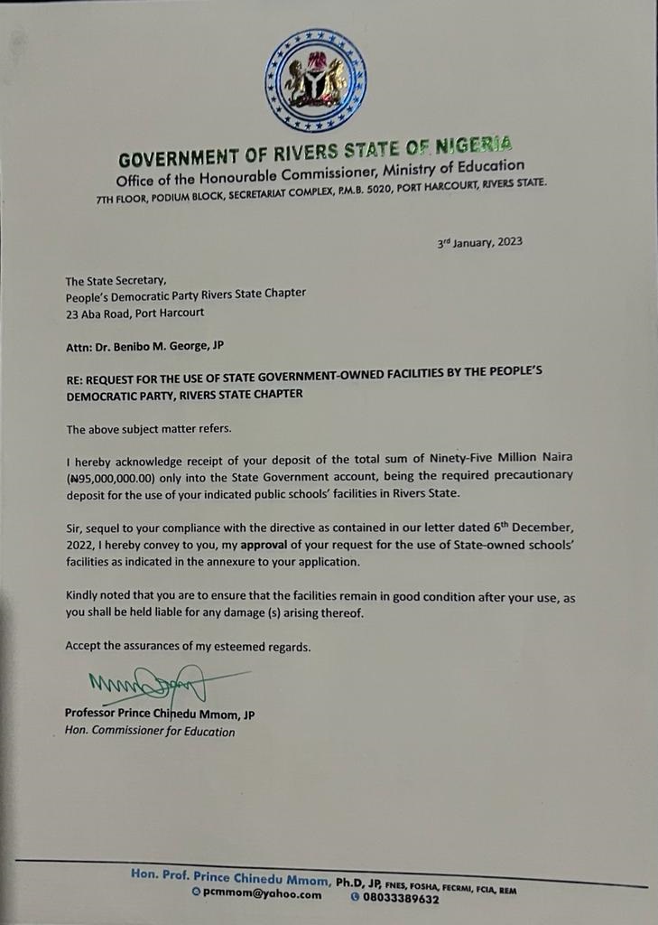 Letter of approval issued to PDP by Rivers State Ministry of Education to use it facilities after paying a total sum of N95 Million in obedience to Executive Order 21.