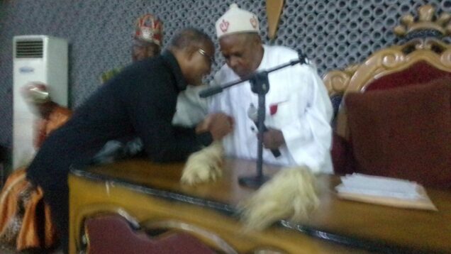 The Chairman, South-East Council of Traditional rulers, Igwe Lawrence Agubuzu, and Peter Obi during the consultative visit to the Traditional Rulers in Enugu State in the Eastern Nigeria House of Chiefs.