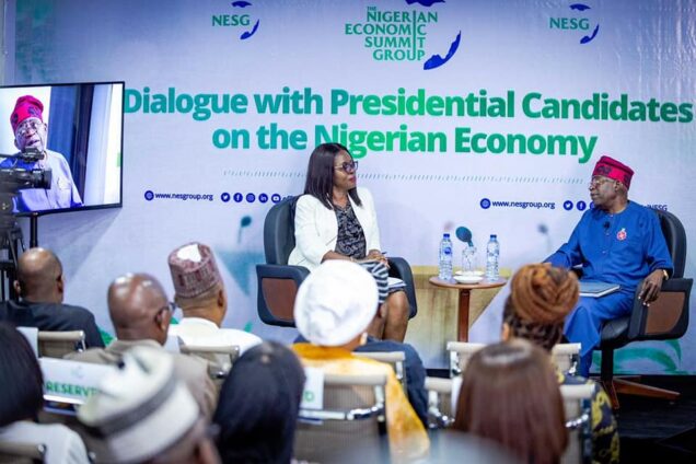 APC presidential candidate Bola Tinubu speaking  on his  comprehensive economic plan at  Nigerian Economic Summit Group, NESG Forum in Lagos