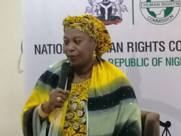 Borno Commissioner of Women Affairs and Social Development, Hajiya Zuwaira Gambo, speaking at  the Special Independent Investigative Panel on Human Rights Violations in Counter-Insurgency Operations in the North East, sitting in Maiduguri.
