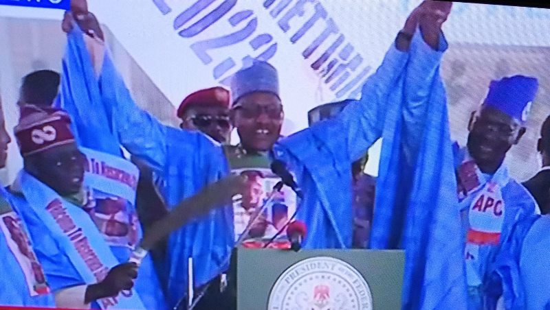 Buhari raises up Tinubu and Abdullahi Sule's hands