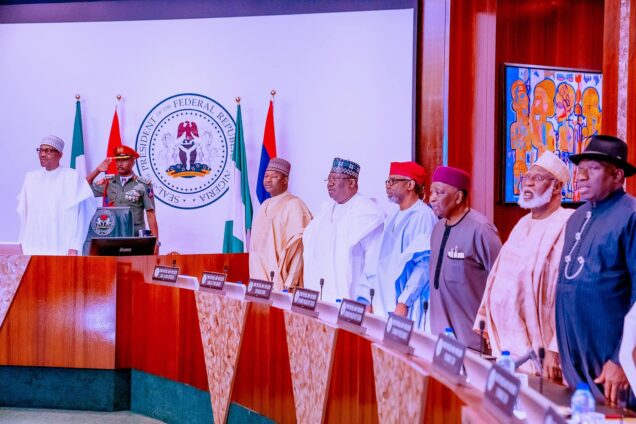 President Buhari with L-R: Minister of Justice Abubakar Malami, Senate President Ahmed Lawan, Speaker Femi Gbajabiamila, Former Head of State Gen. Yakubu Gowon, Former Head of State Gen. Abdulsalam Abubakar and Former President Goodluck Jonathan during Council of State Meeting in State House on 10th Feb 2023