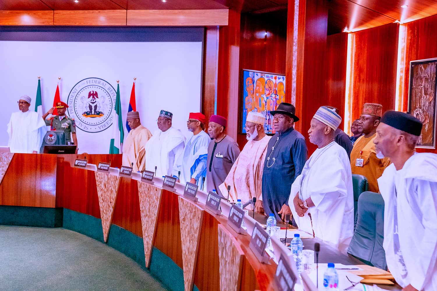 President Buhari with L-R: Minister of Justice Abubakar Malami, Senate President Ahmed Lawan, Speaker Femi Gbajabiamila, Former Head of State Gen. Yakubu Gowon, Former Head of State Gen. Abdulsalam Abubakar and Former President Goodluck Jonathan during Council of State Meeting in State House on 10th Feb 2023