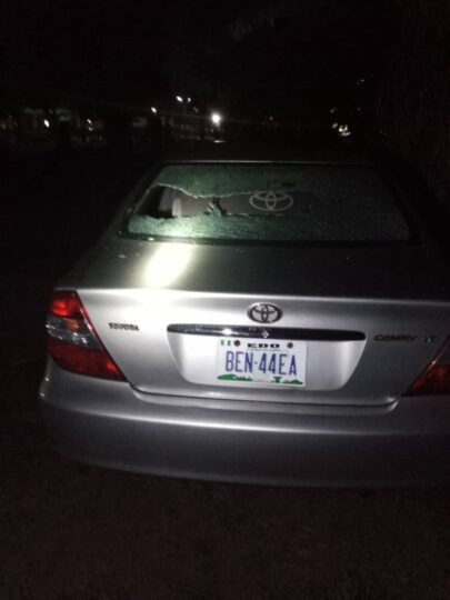 One of the vehicles allegedly destroyed by soldiers in reprisal attack at UNIBEN