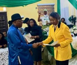National Commissioner for INEC, Mrs May Agbamuche-Mbu for Rivers and Bayelsa State handing over Certificate of Return to Siminalayi Fubara Governor-Elect of Rivers State