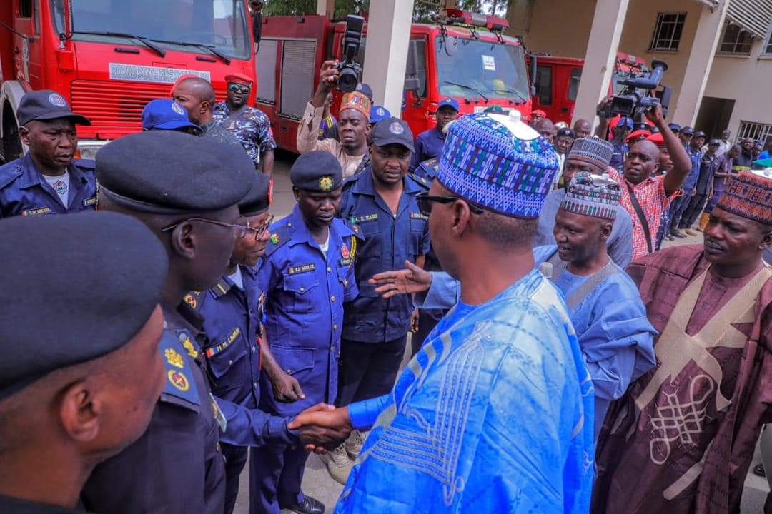 Gov. Babagana Zulum gives N100, 000 each to 149 firefighters who responded to fire incident at Gamboru Market in Maiduguri, Borno State.