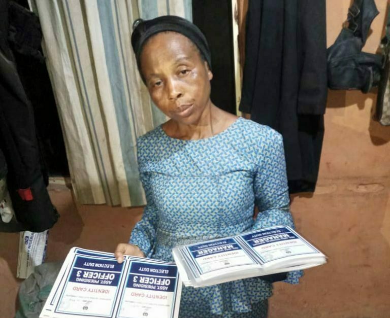 Police arrest 53-year-old woman at a business Centre in Lagos where she was making photocopies and laminating INEC's electoral materials.